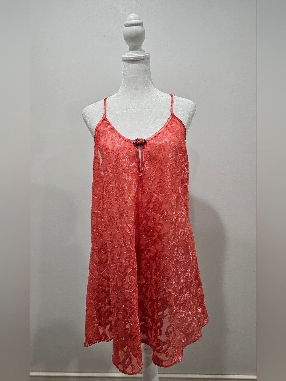 Lace-Overlay Coral Chemise with Rosette Accent